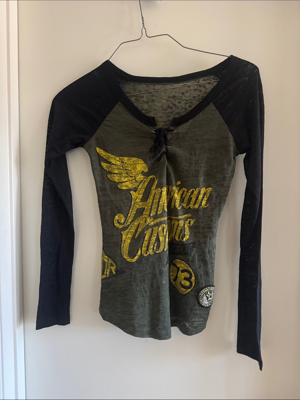 Affliction Olive Green and Black Lace-Up Long Sleeve Tee with Yellow Graphic